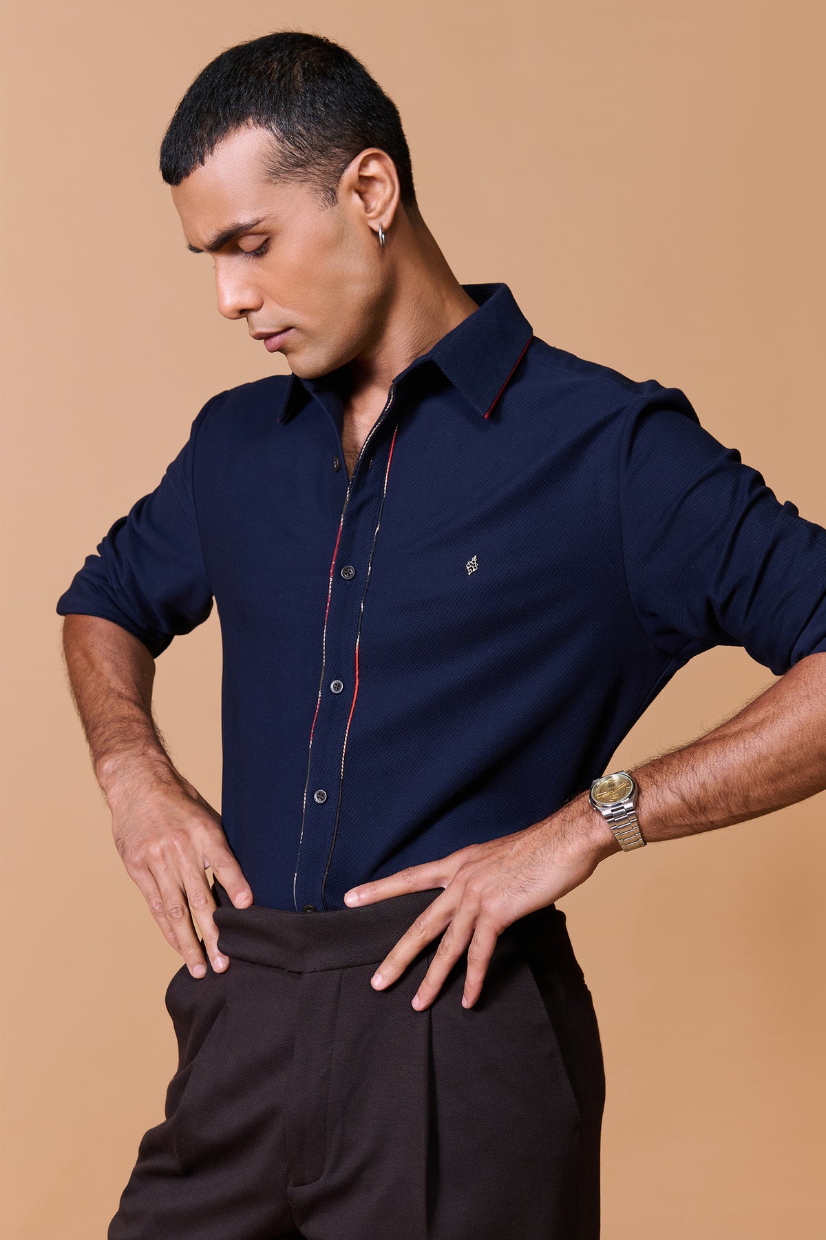 Navy Shirt with Printed Placket