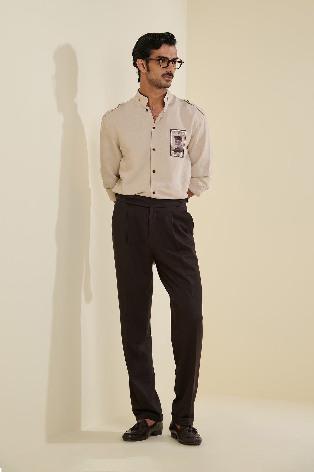 Beige Linen Shirt with Vintage Patch-Work