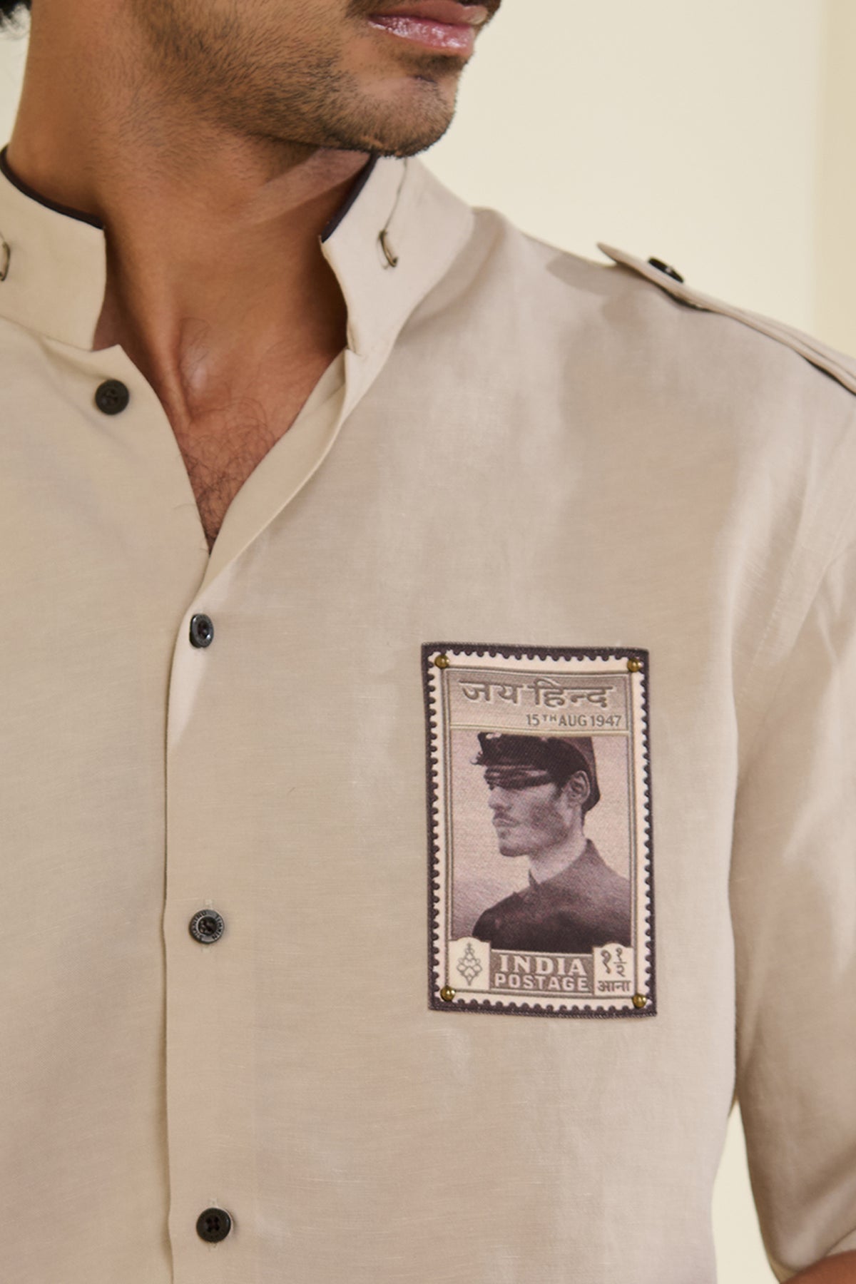 Beige Linen Shirt with Vintage Patch-Work