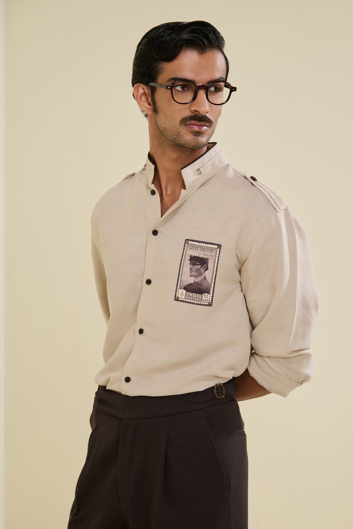 Beige Linen Shirt with Vintage Patch-Work