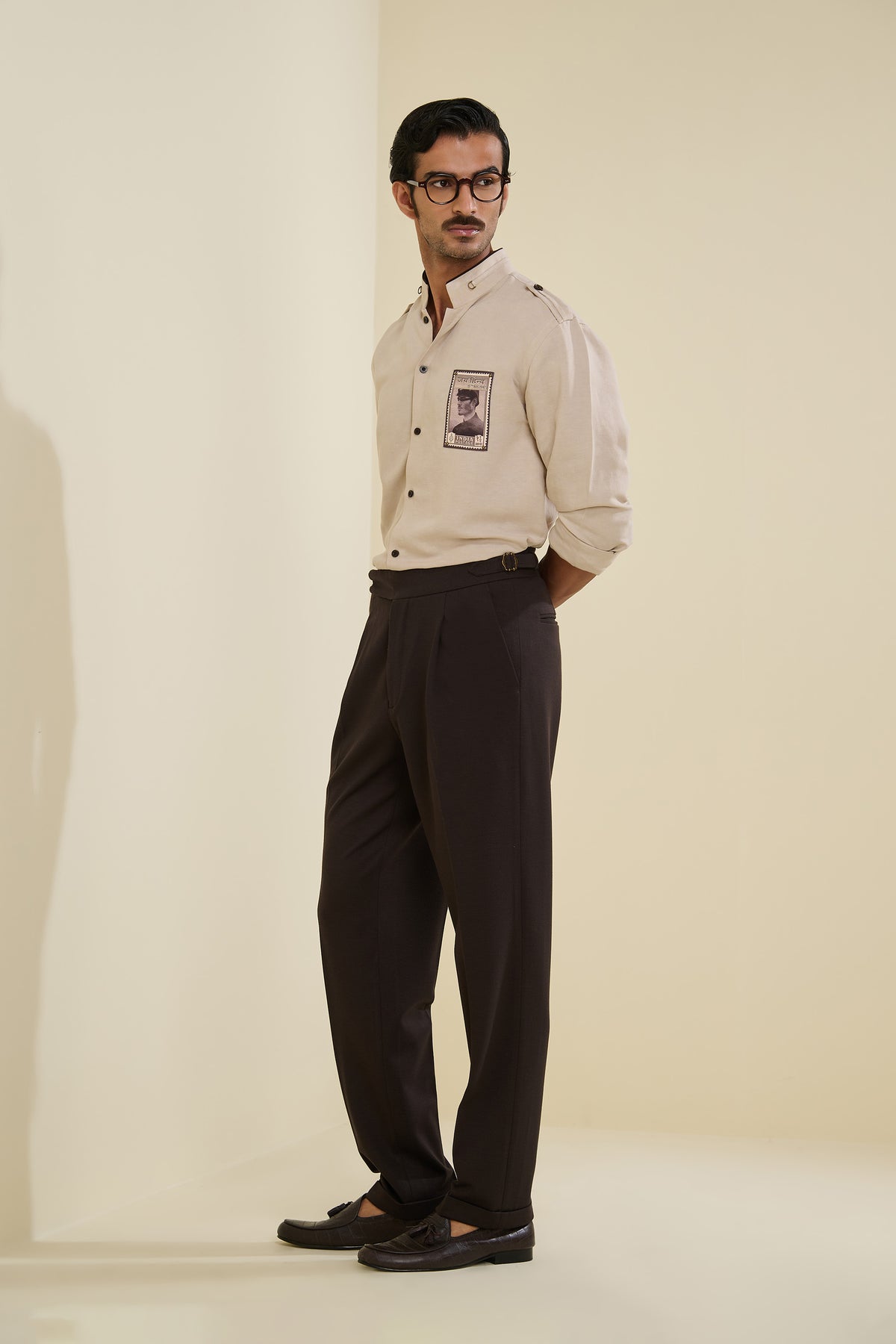 Beige Linen Shirt with Vintage Patch-Work