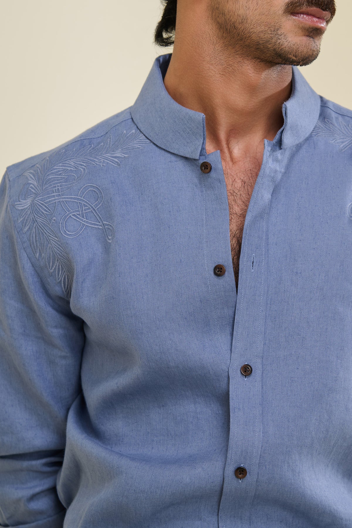 Blue Linen Embroidered Shirt