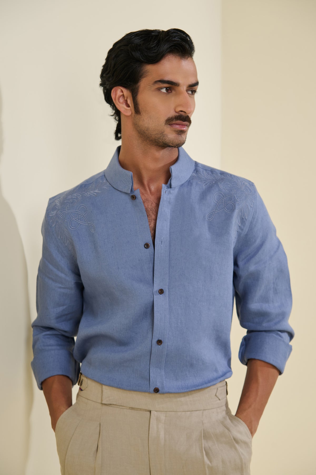 Blue Linen Embroidered Shirt