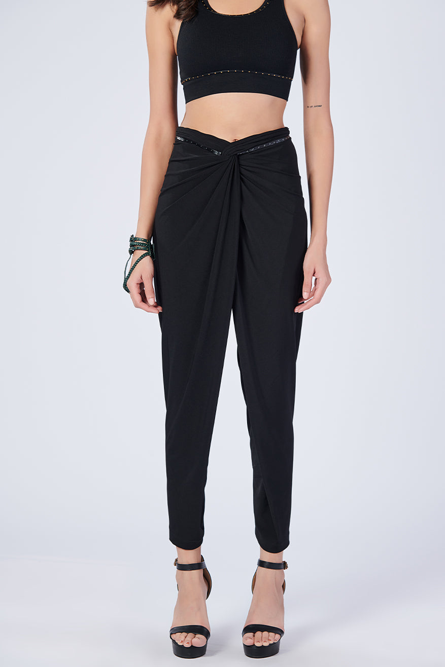 Black Overlap Drape Pants