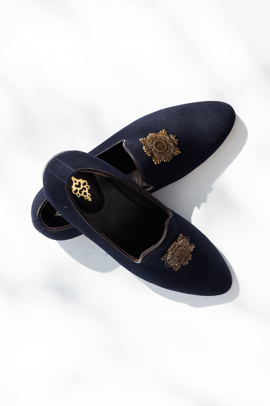 Navy Shoes with Metallic Crest