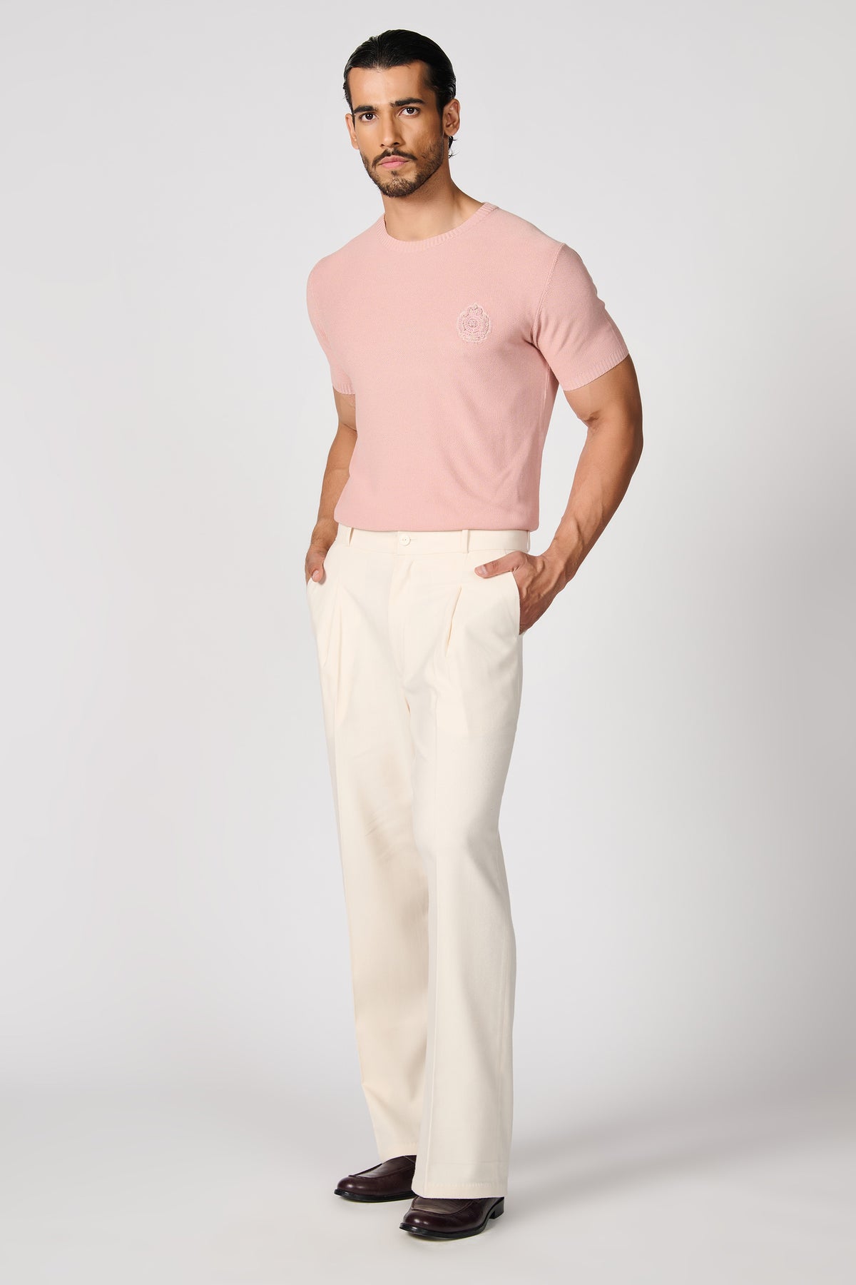 Pink Knit T-Shirt with Crest