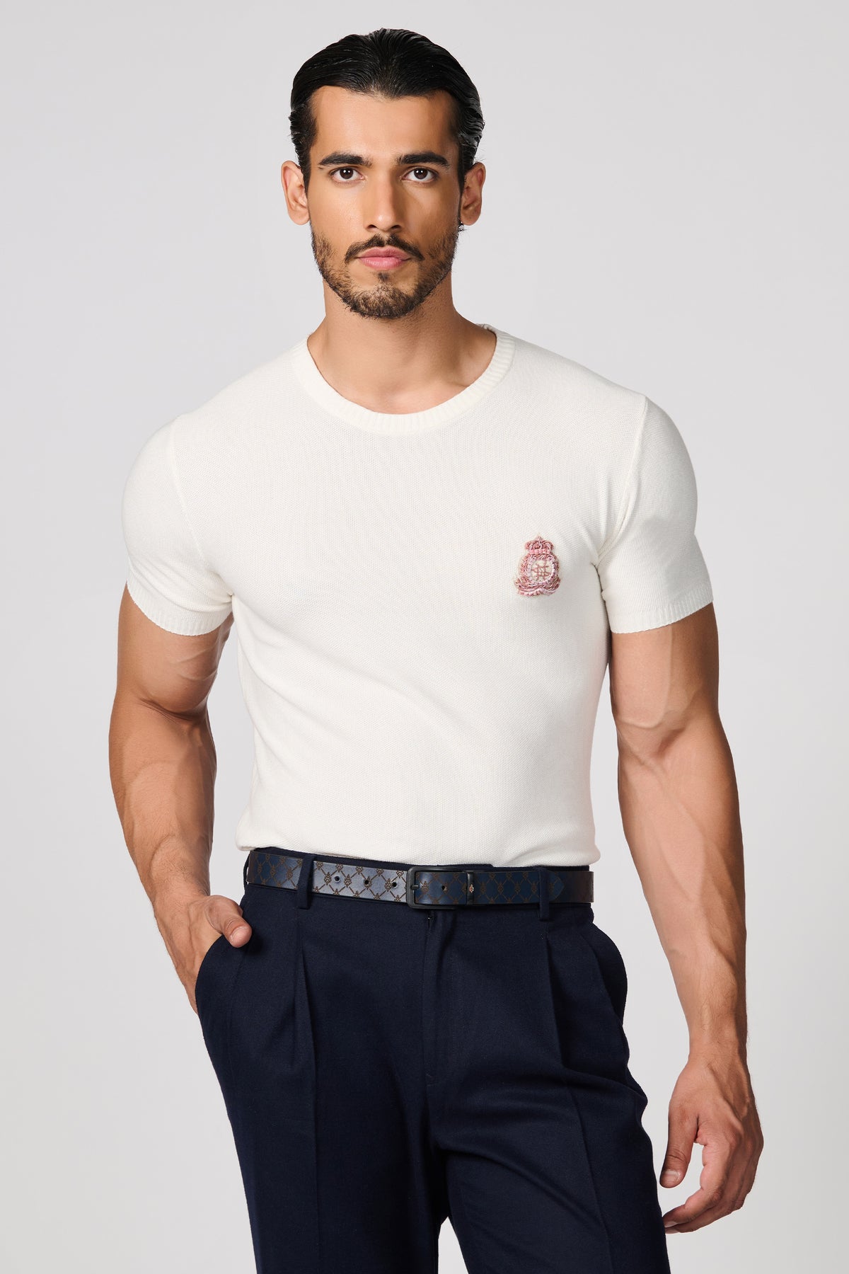 Ecru Knit T-Shirt with Crest