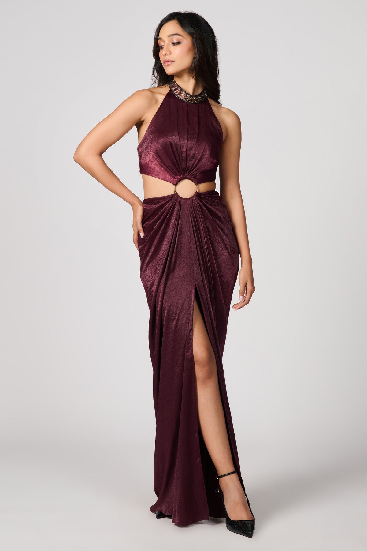 Plum Cut-Out Saree Gown