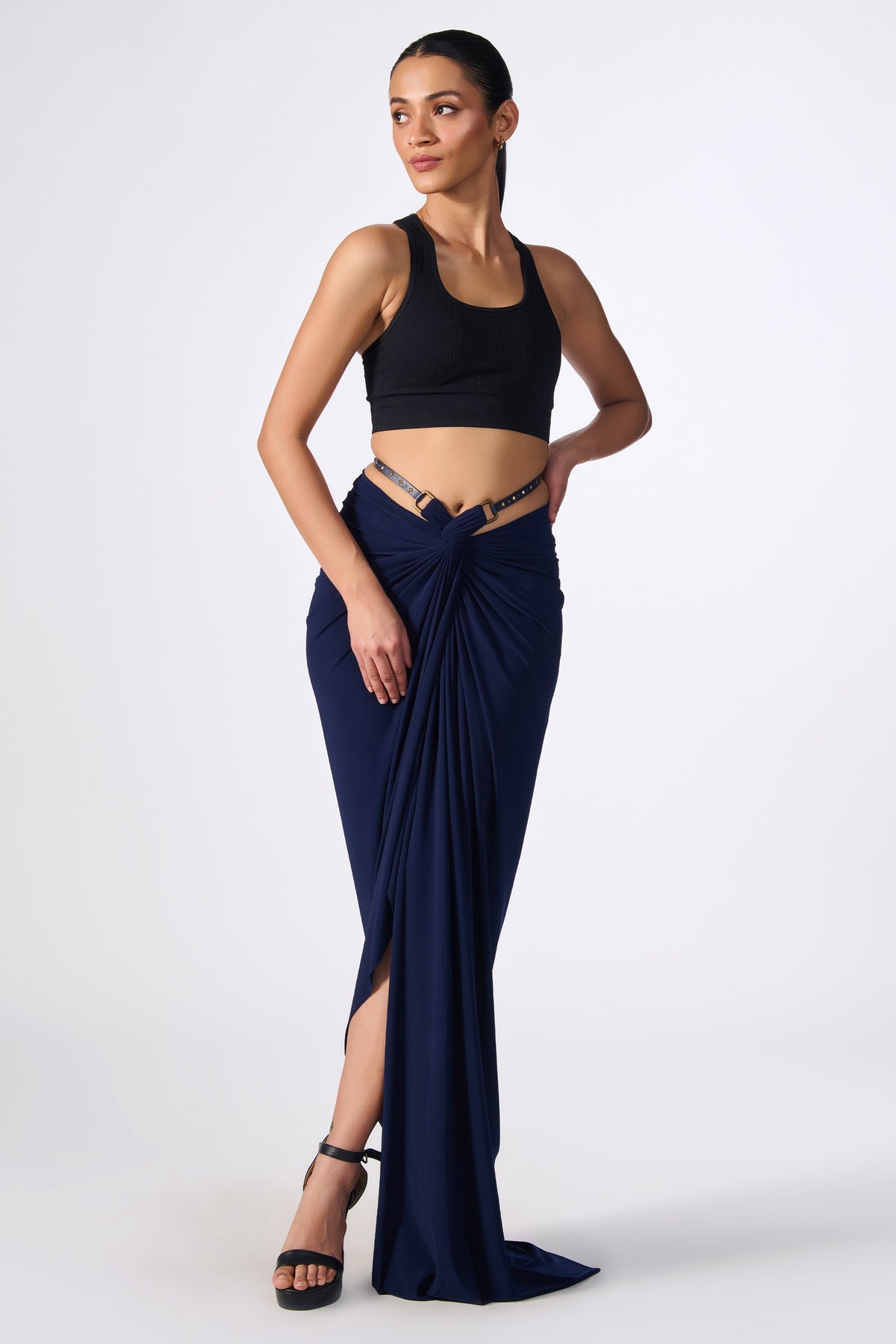 Navy Twisted Drape Skirt