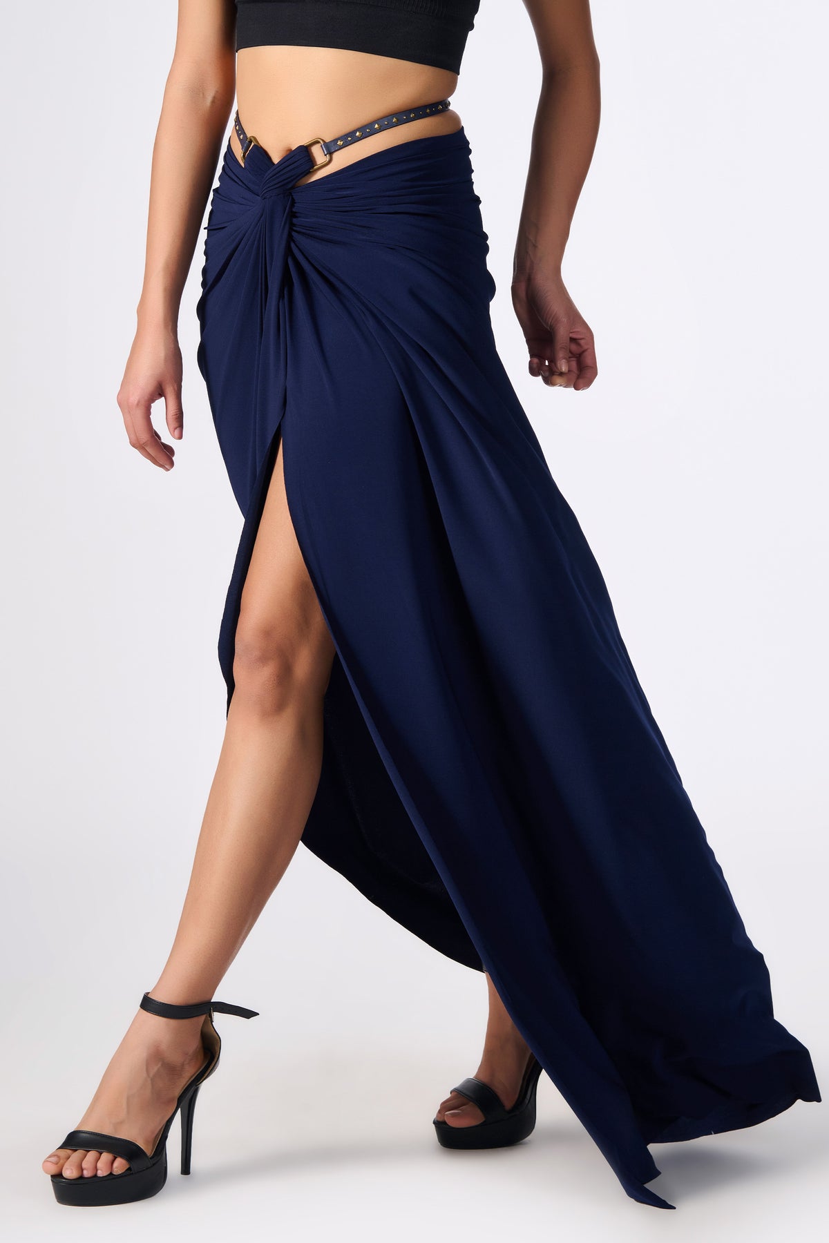 Navy Twisted Drape Skirt