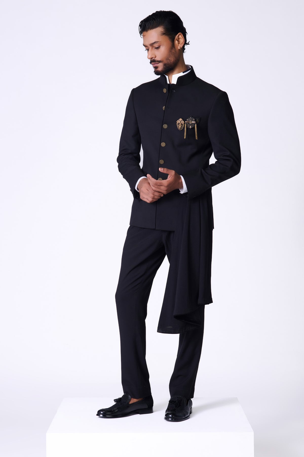 Black Bandhgala with Neo-Drape