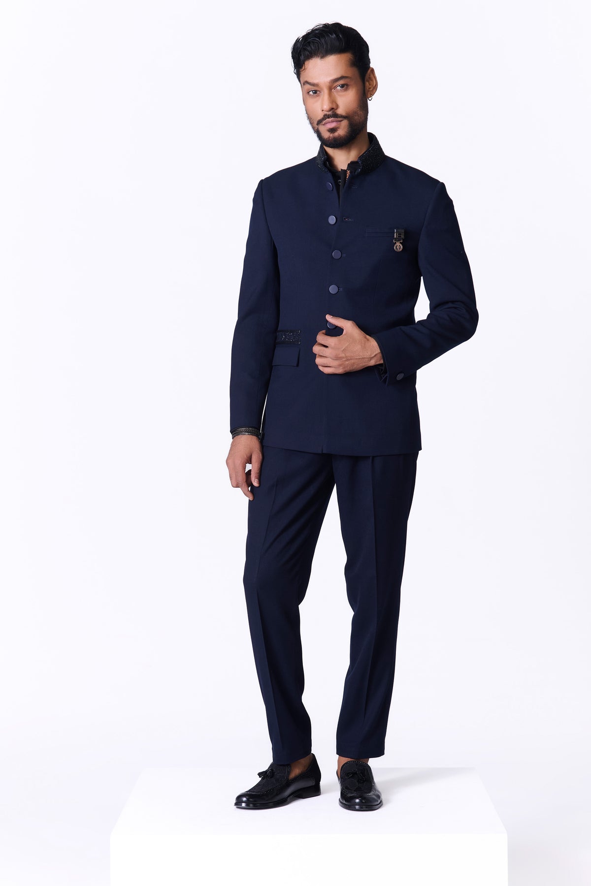 Navy Bandhgala with Swarovski Detailing.