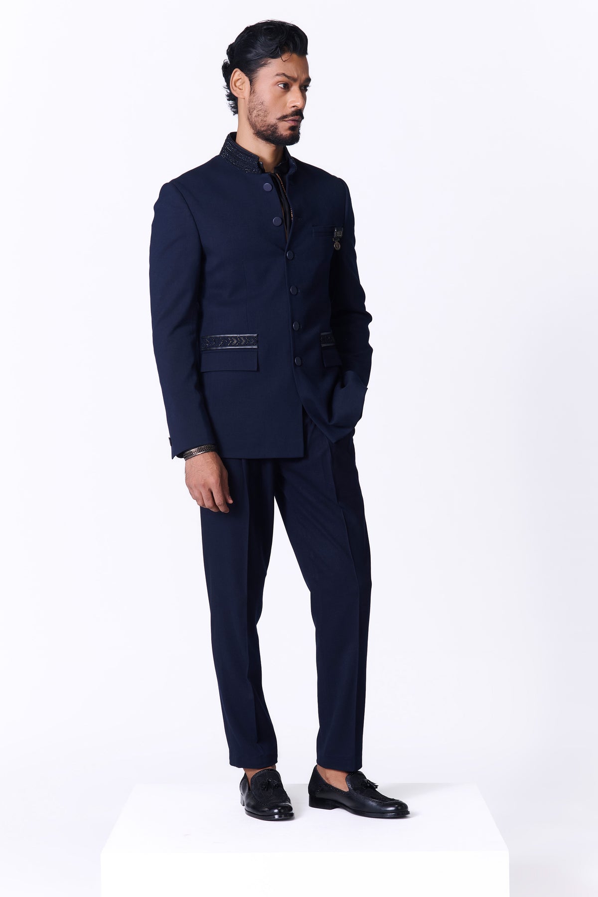 Navy Bandhgala with Swarovski Detailing.