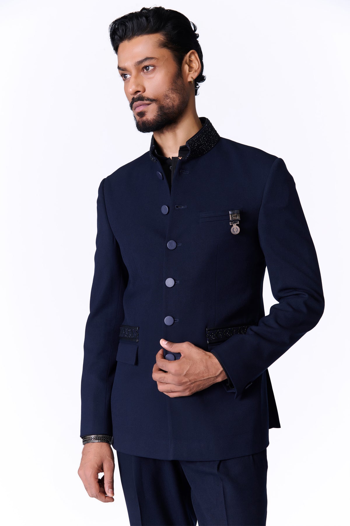 Navy Bandhgala with Swarovski Detailing.