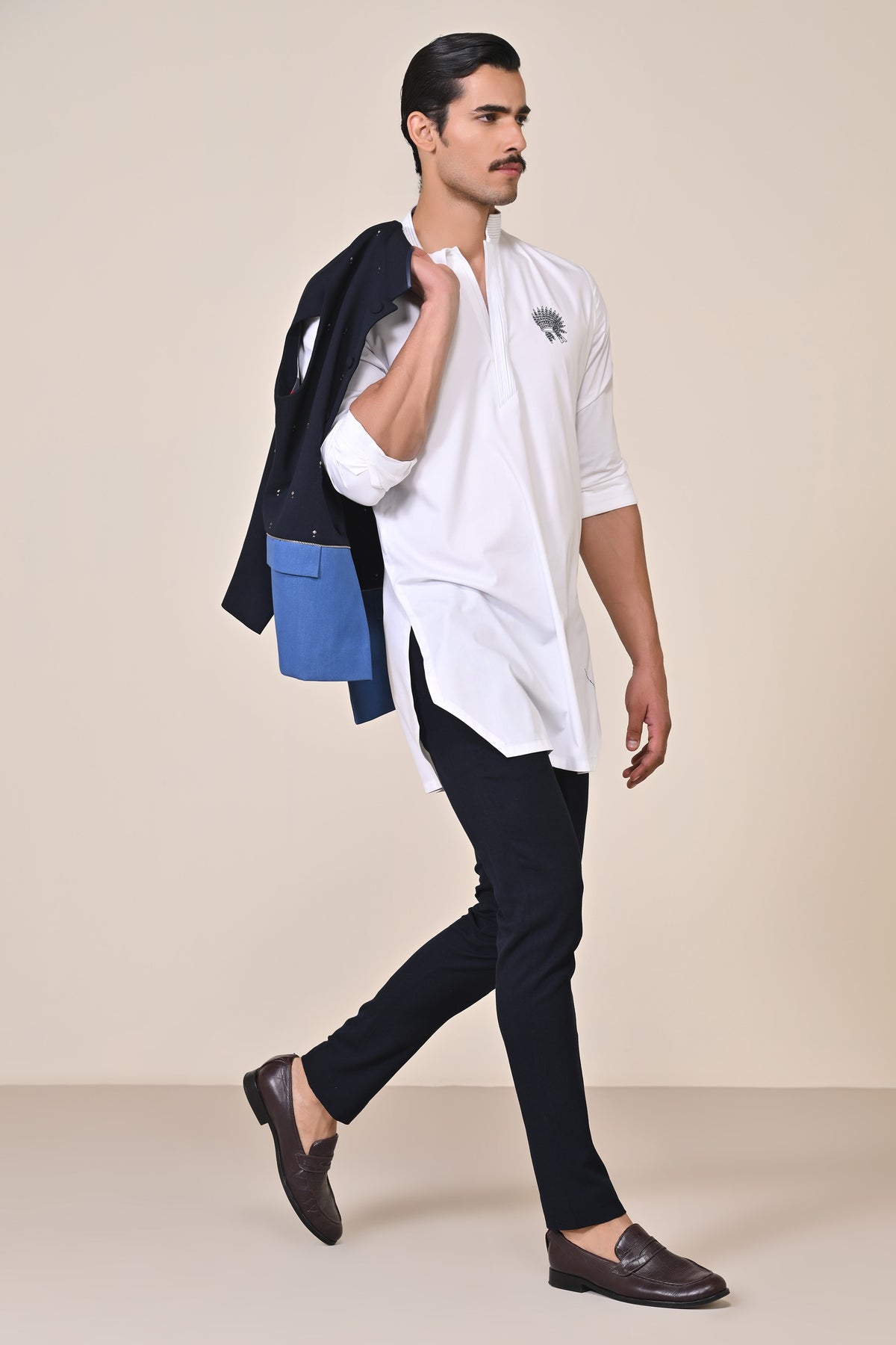 Classic Off White Kurta with Embroidered Crest