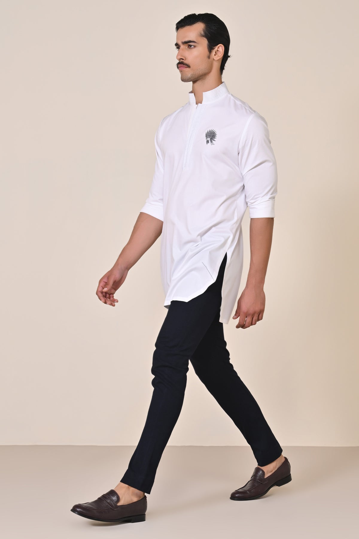 Classic Off White Kurta with Embroidered Crest