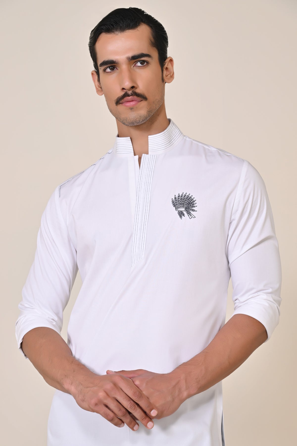 Classic Off White Kurta with Embroidered Crest