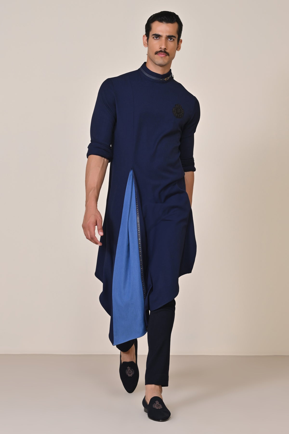 Navy Asymmetrical Kurta with Crest