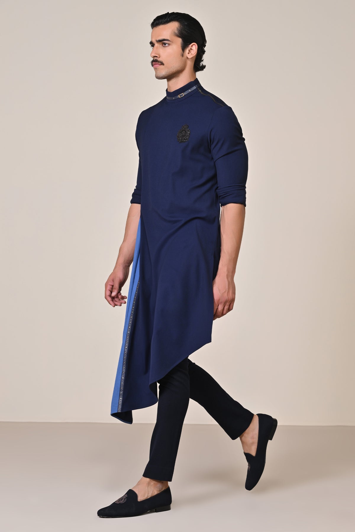 Navy Asymmetrical Kurta with Crest