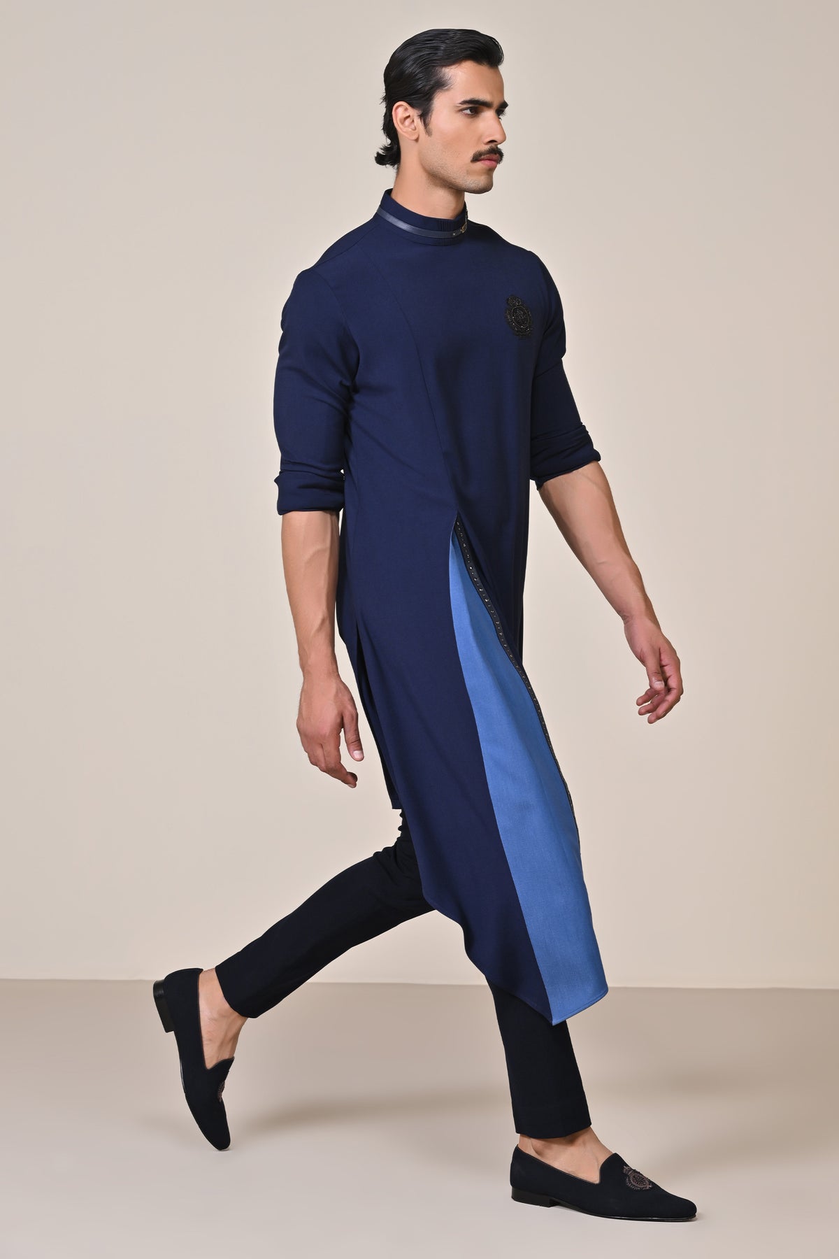 Navy Asymmetrical Kurta with Crest