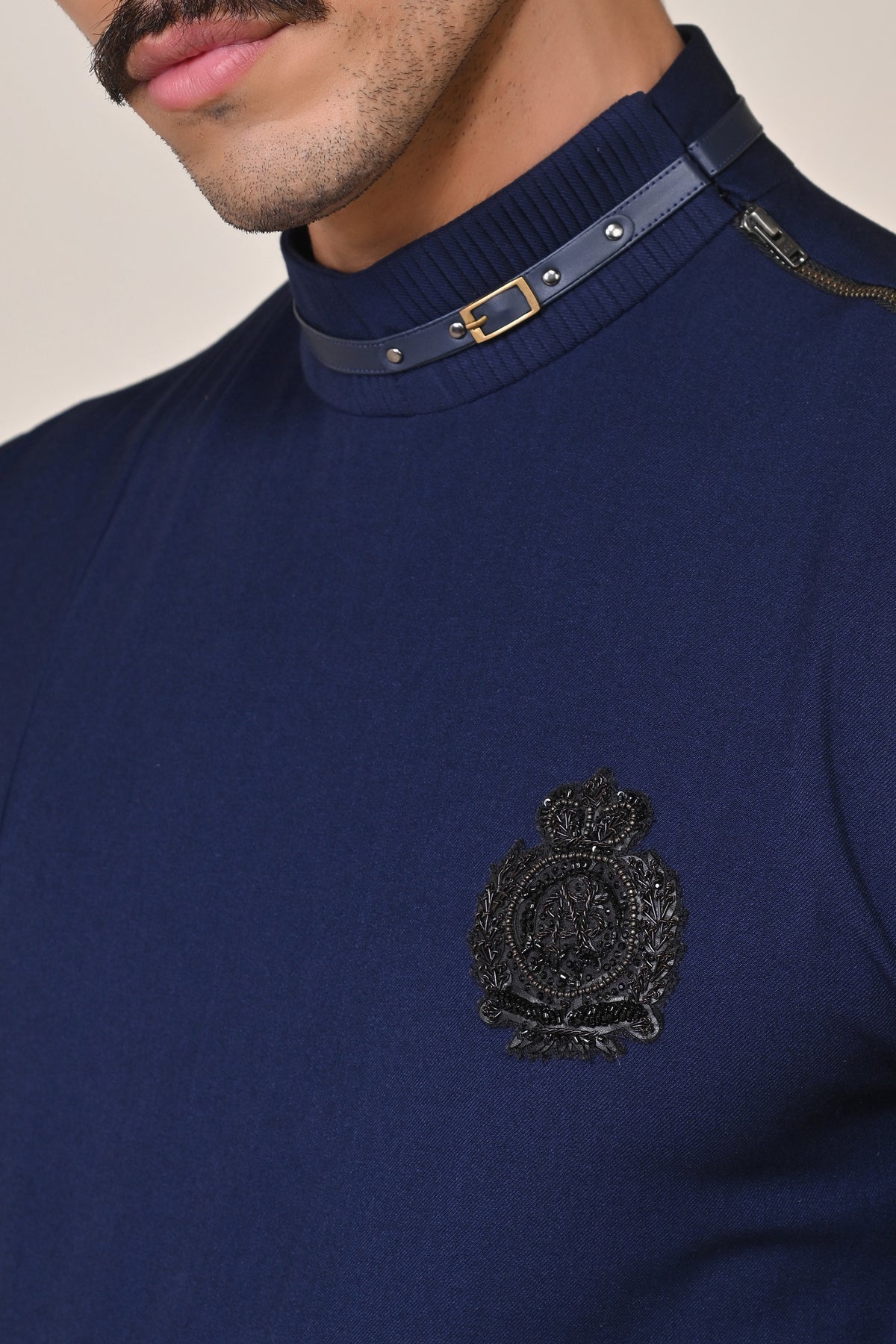 Navy Asymmetrical Kurta with Crest