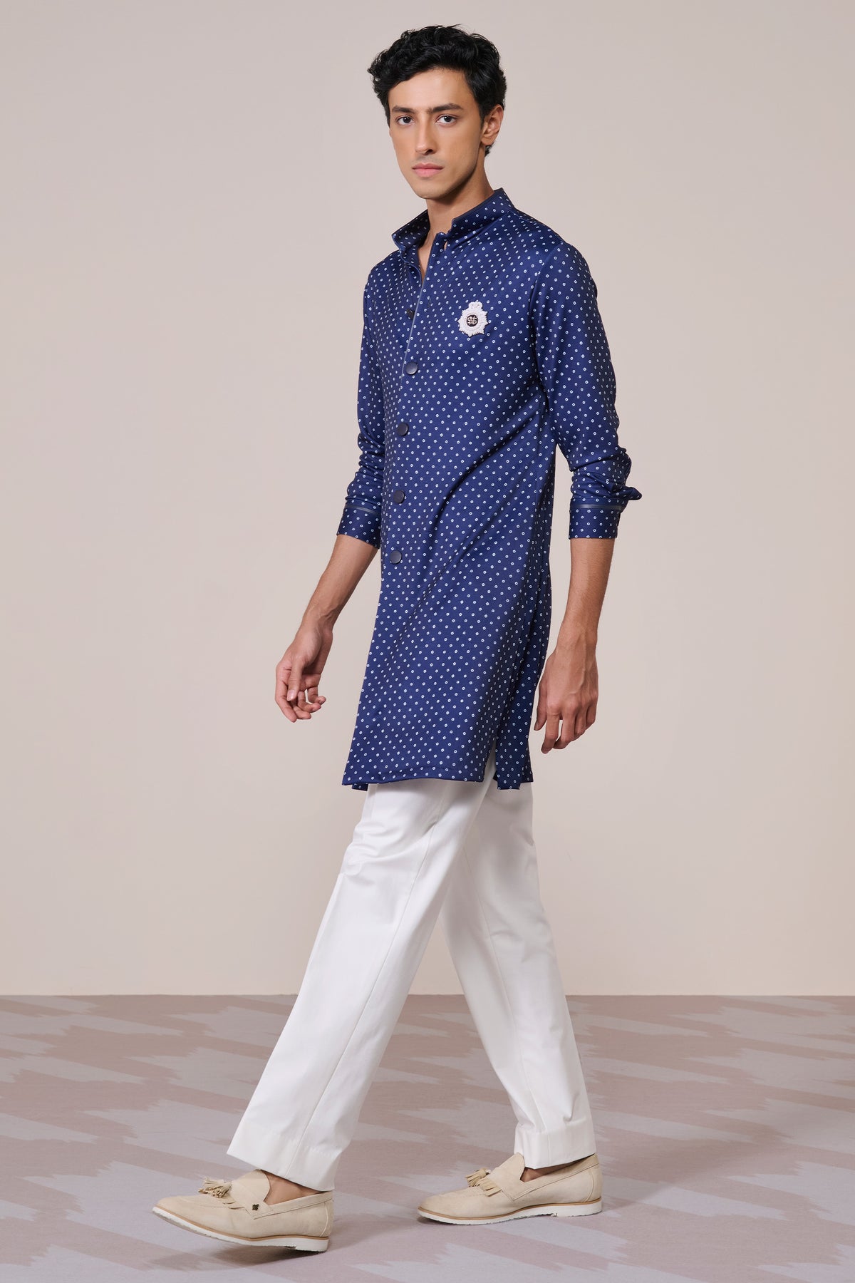 Navy Print Poly Jersey Kurta