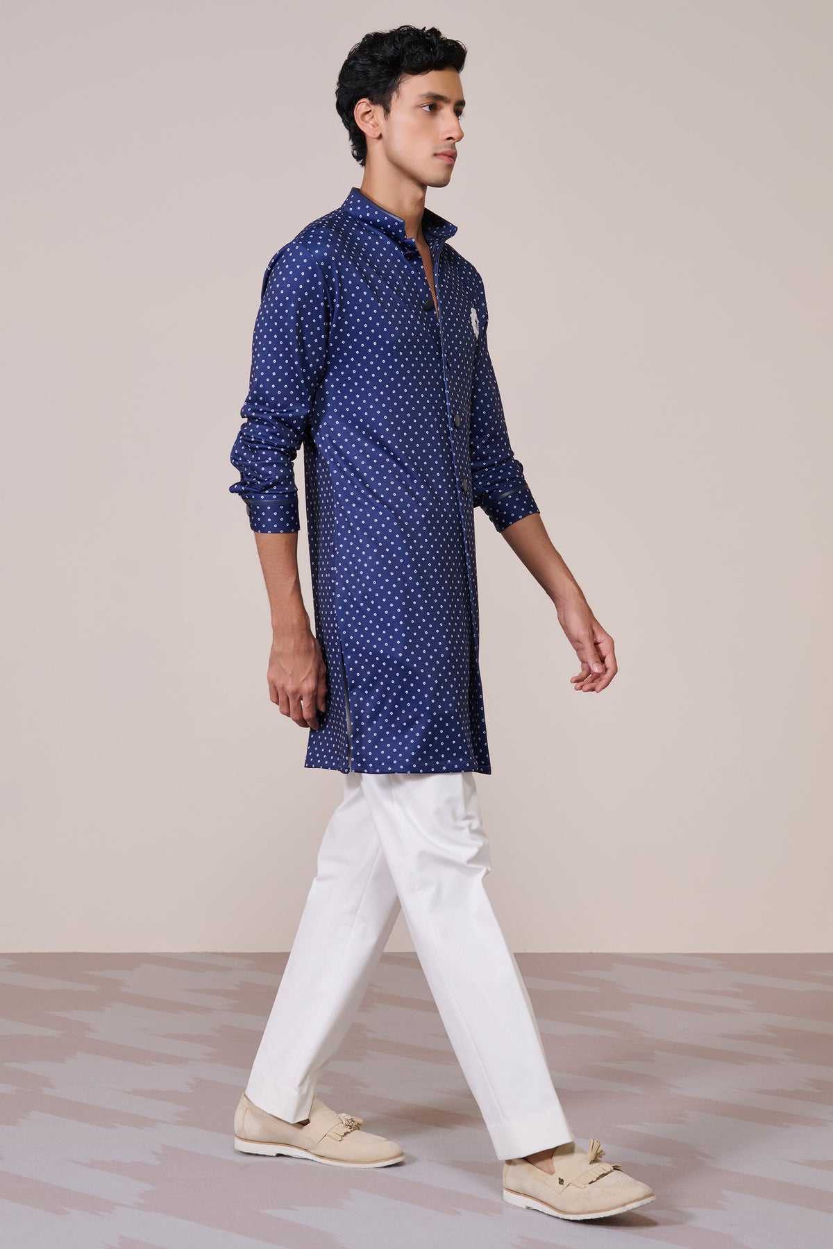 Navy Print Poly Jersey Kurta