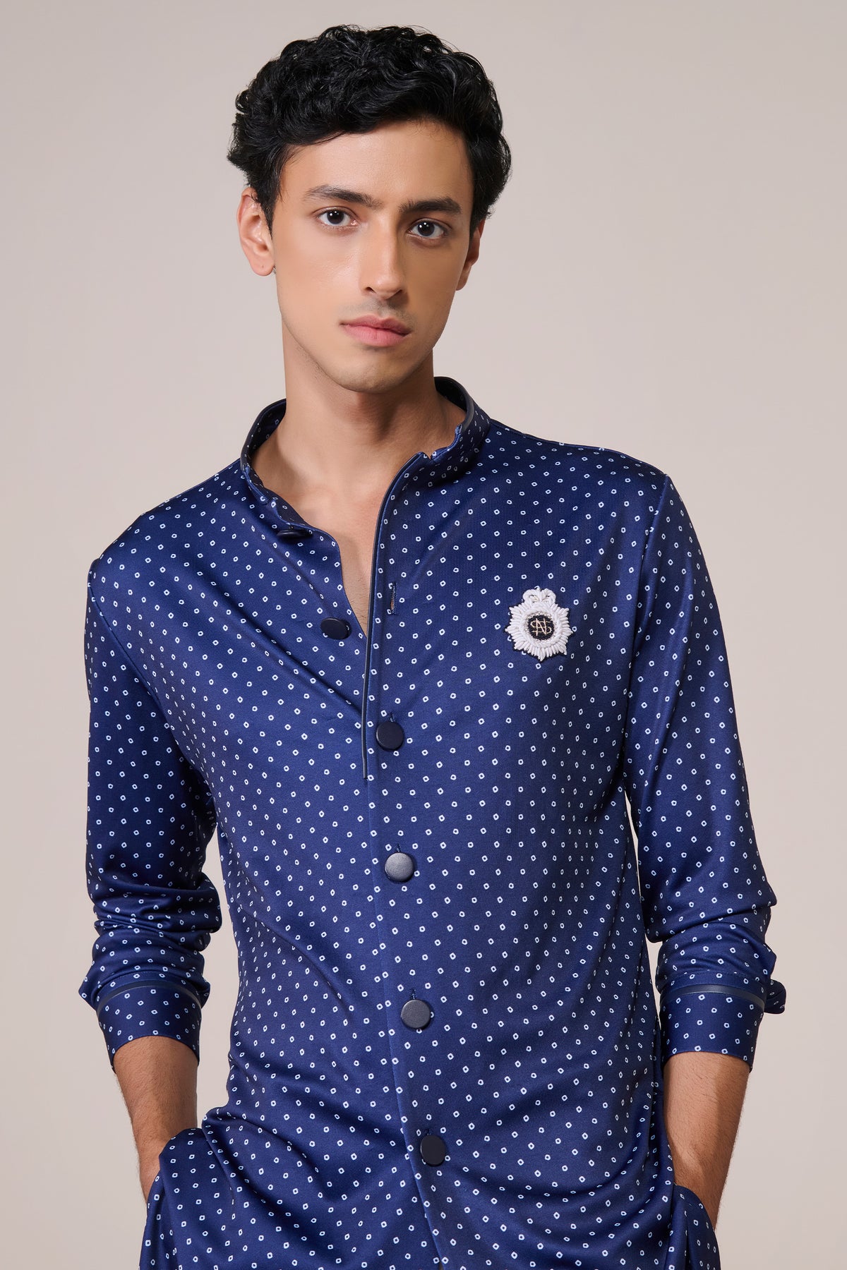 Navy Print Poly Jersey Kurta