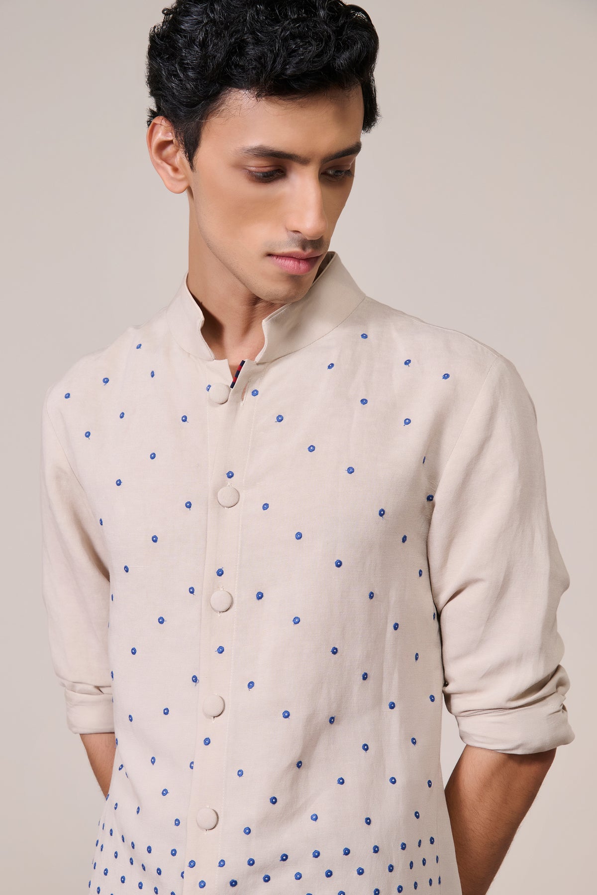 Ecru Embroidered Linen Kurta