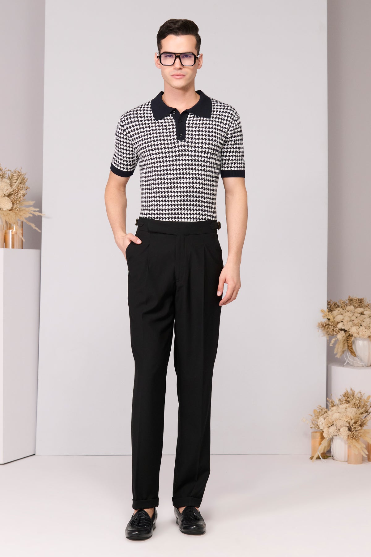 Black Houndstooth Printed Polo