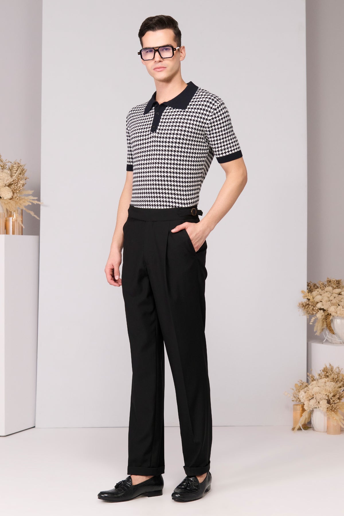 Black Houndstooth Printed Polo