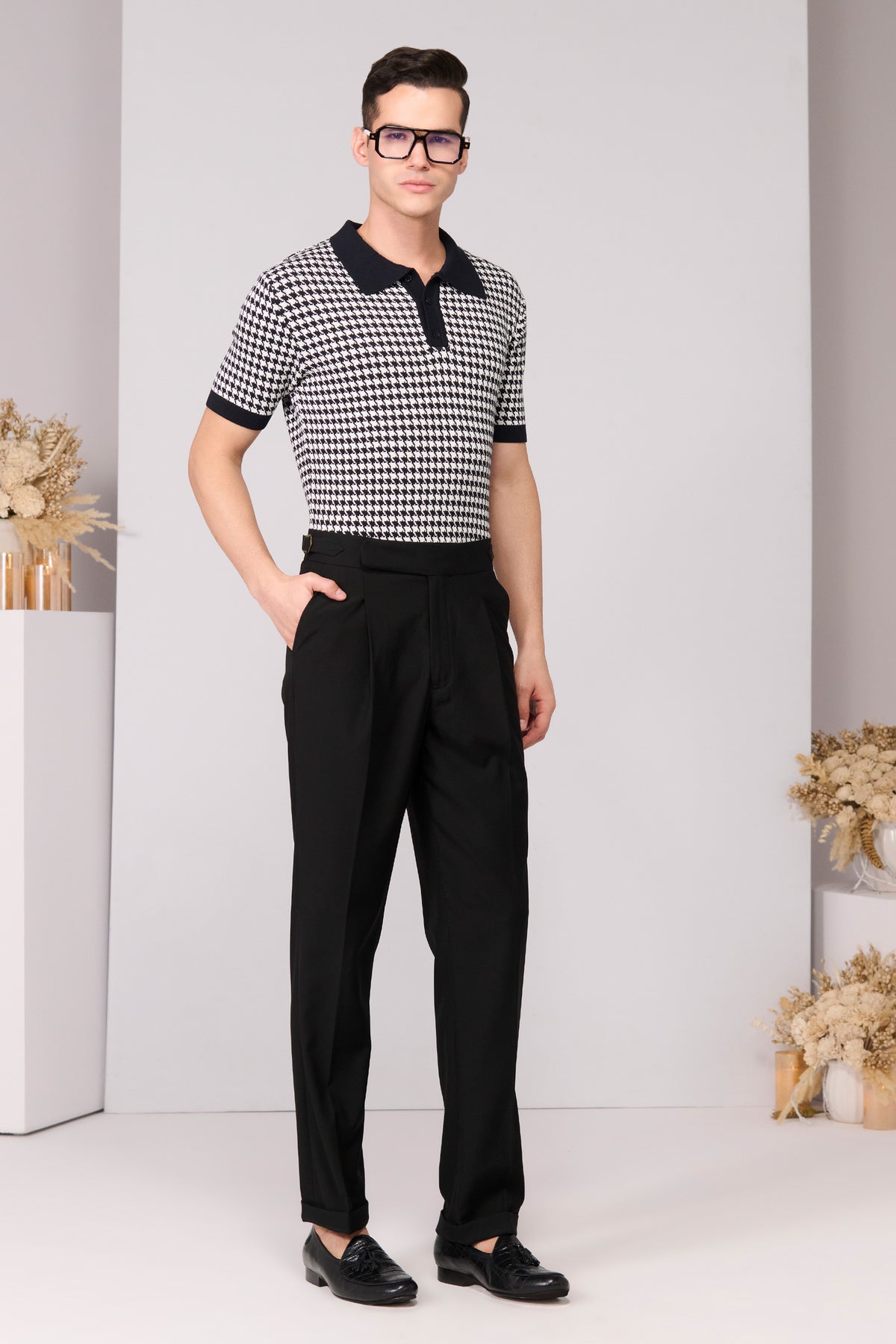 Black Houndstooth Printed Polo