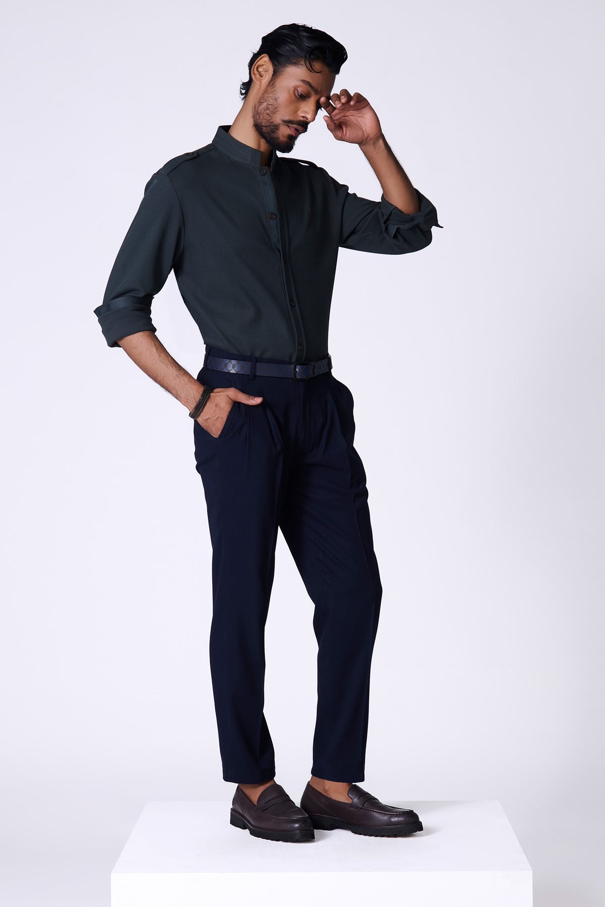 Olive Band Collar Adamas Shirt