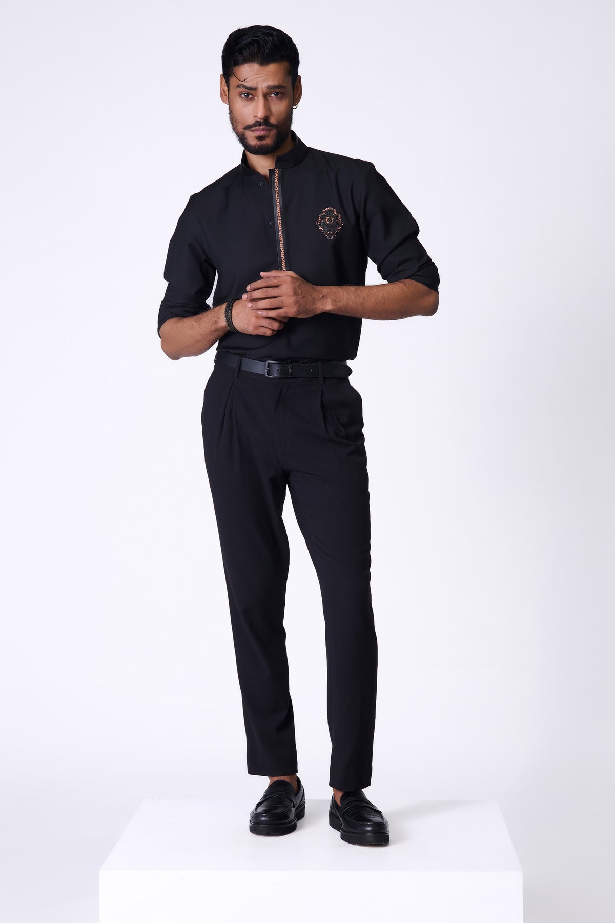 Black Shirt with Leopard-Print Placket