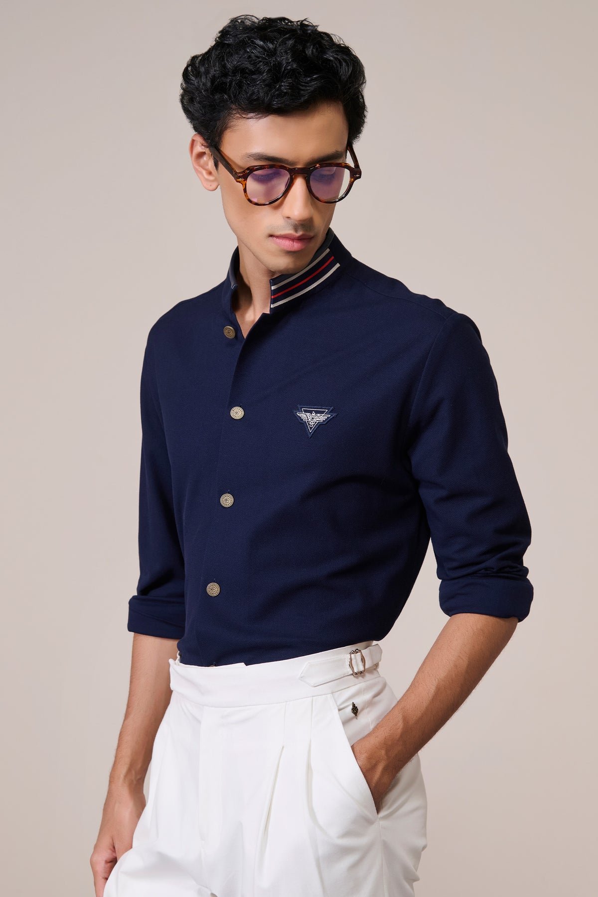 Navy Cotton Crested Shirt
