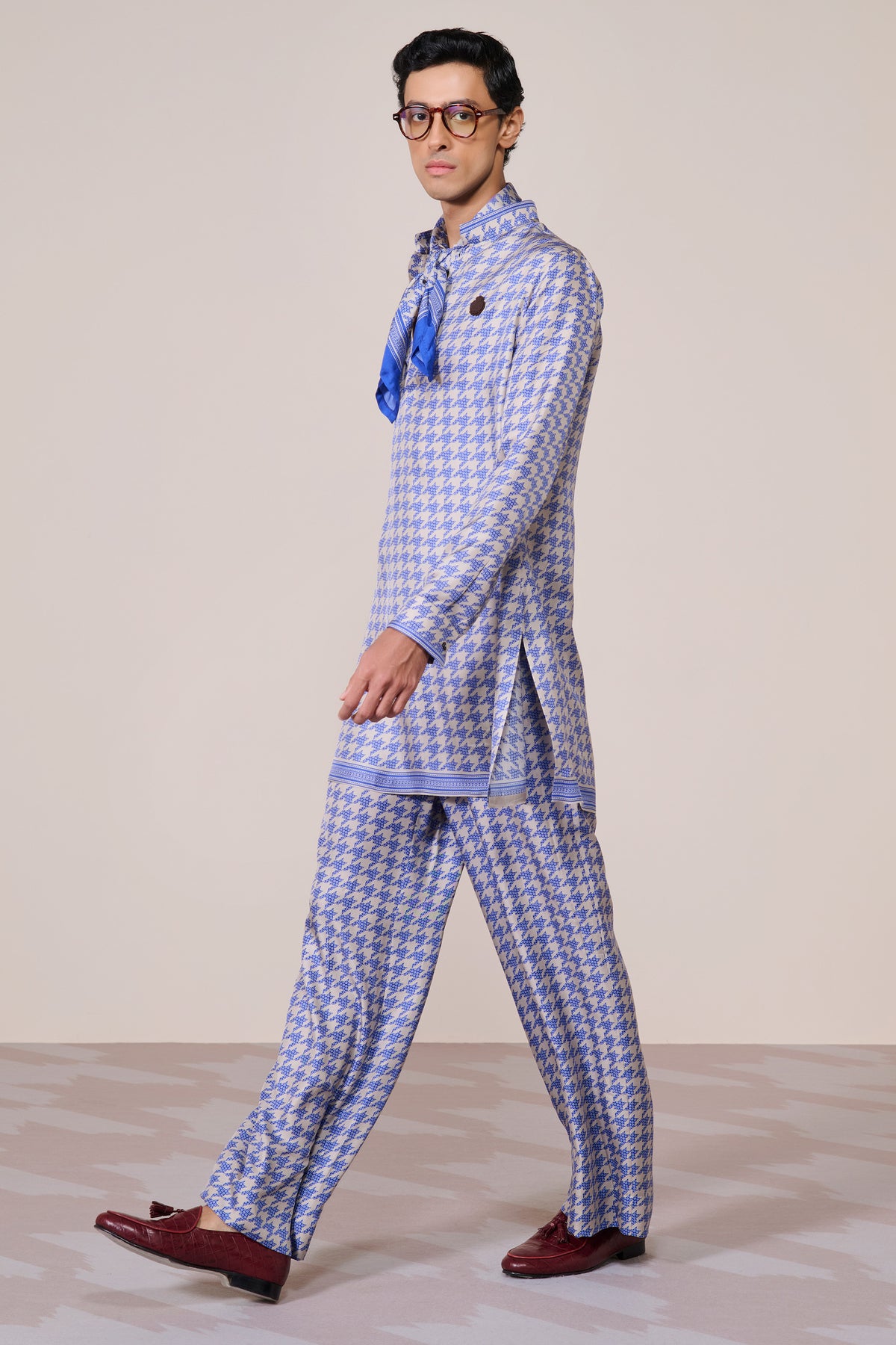 Blue Houndstooth Silk Twill Trousers