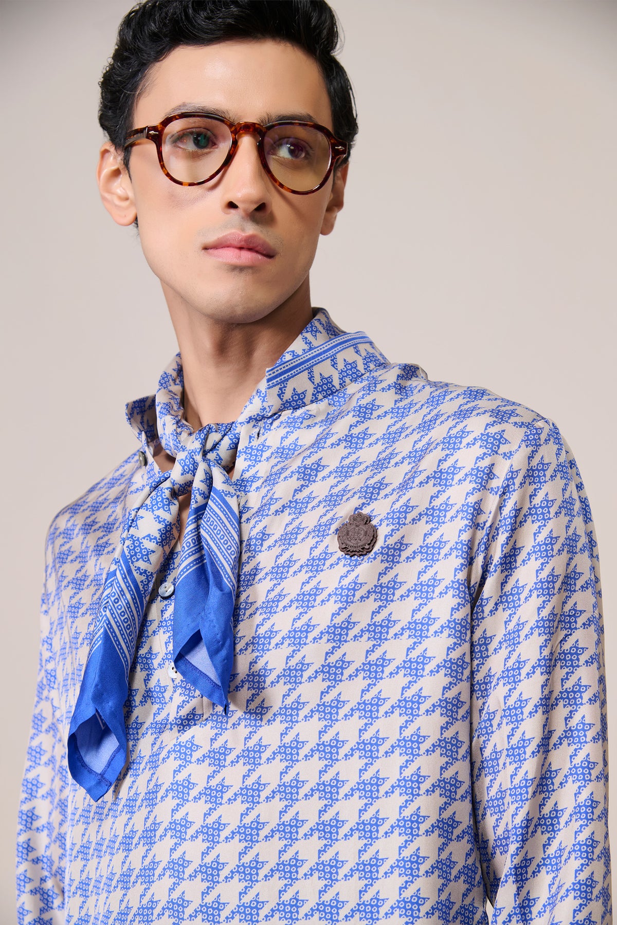Blue Houndstooth Silk Twill Trousers