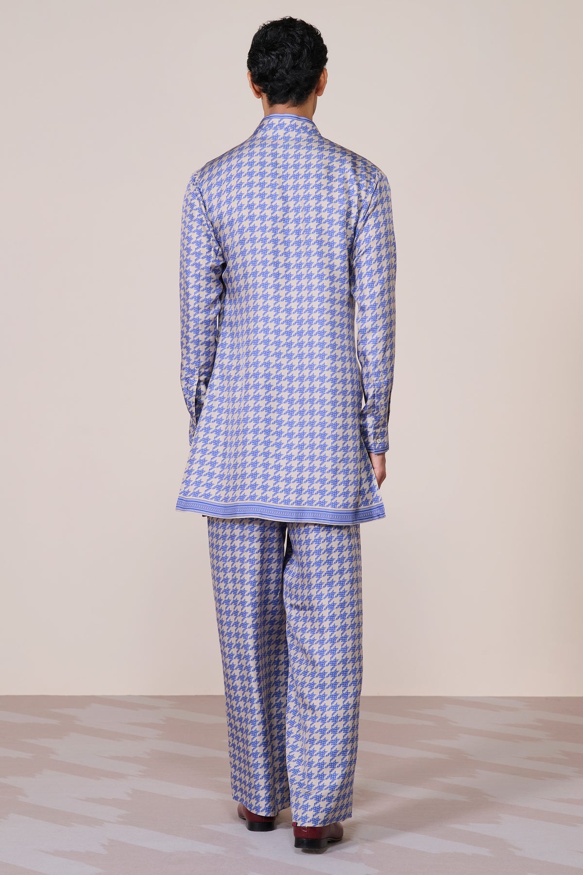 Blue Houndstooth Silk Twill Trousers