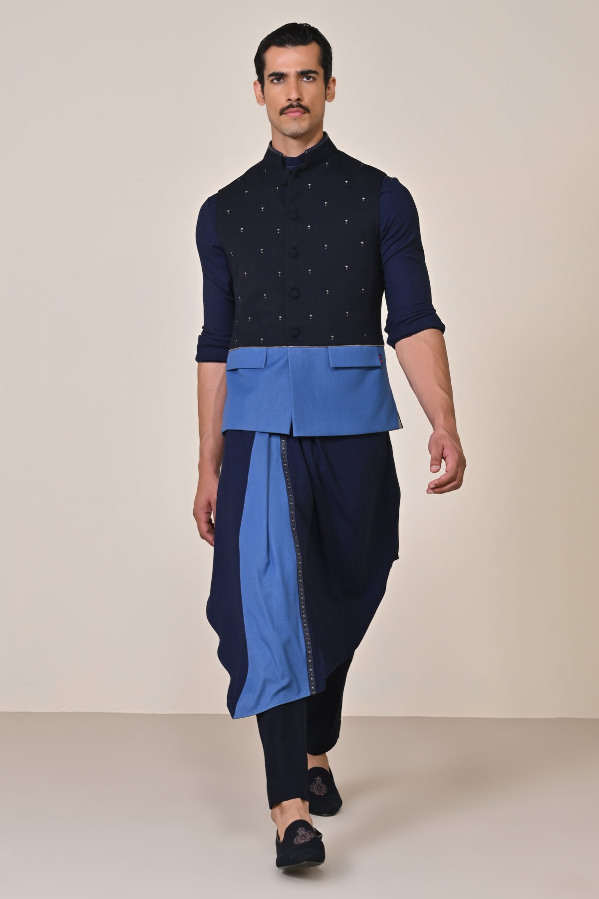 Color-Blocked Waistcoat with Rivet Accents.