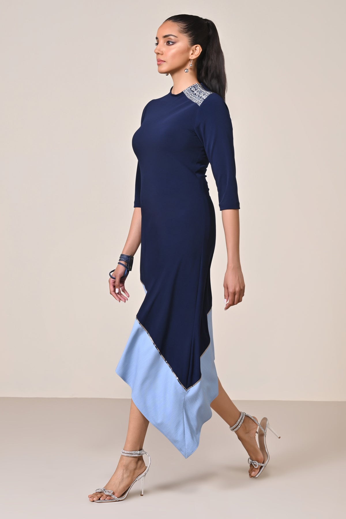 Asymmetric Denim Colour Block Kurta