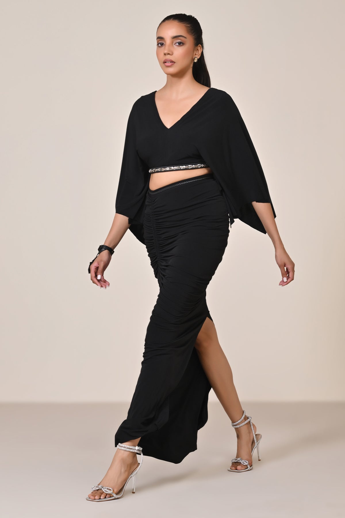 Black Exaggerated Draped Sleeve Top