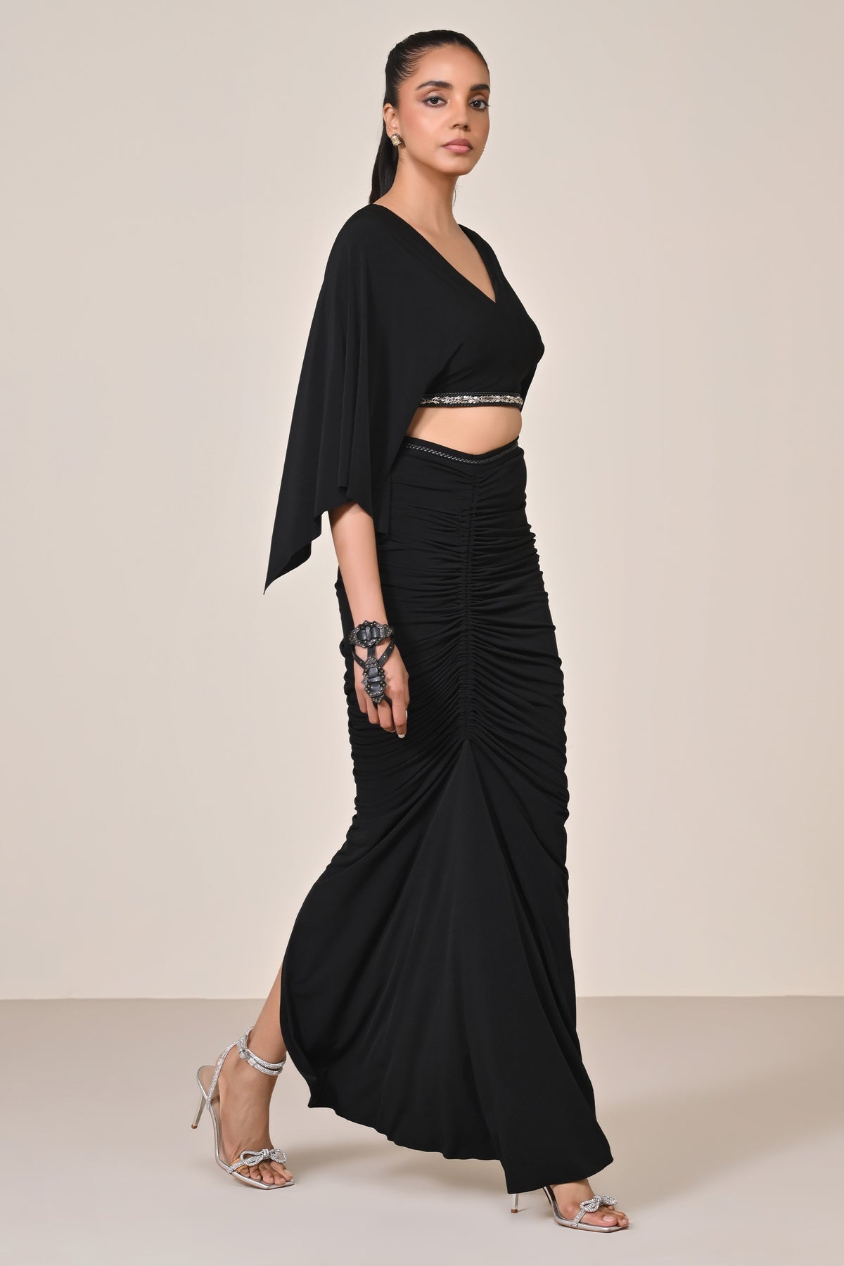 Black Exaggerated Draped Sleeve Top