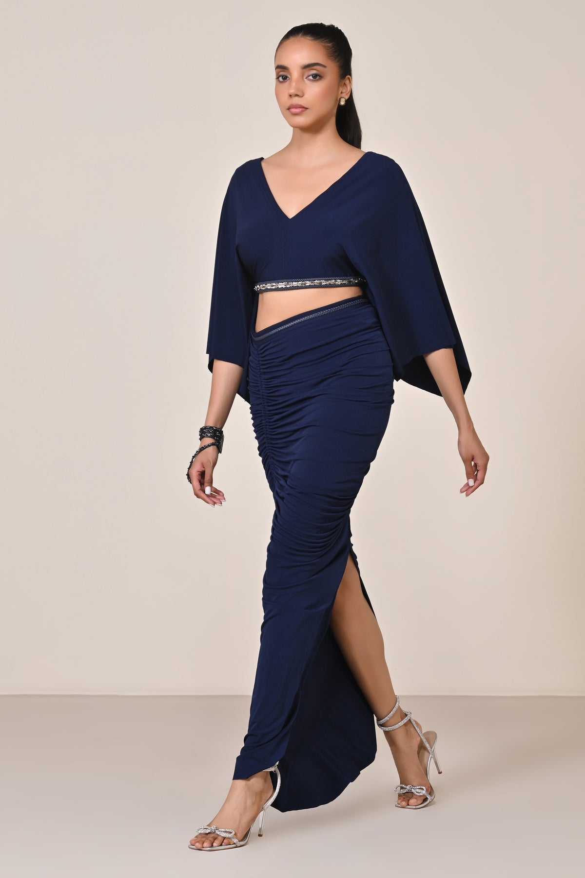 Navy Exaggerated Draped Sleeve Top