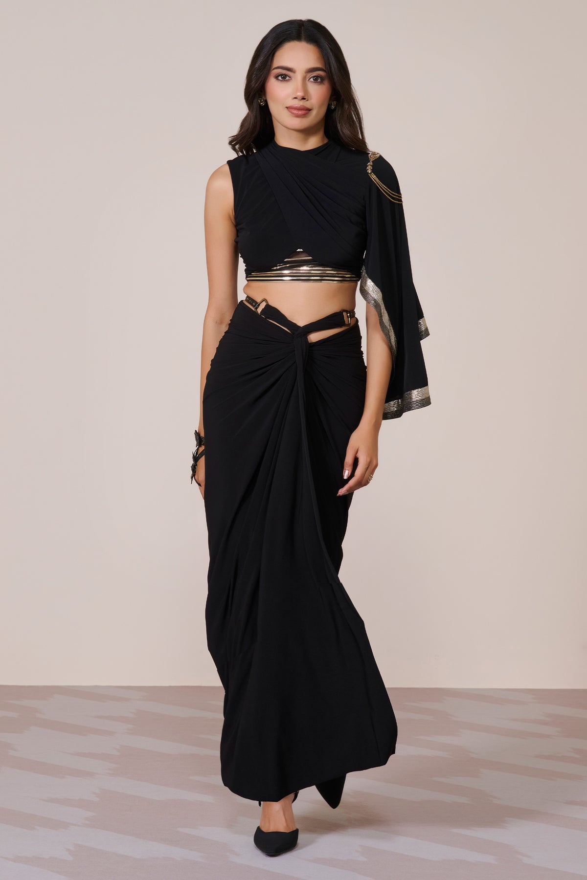Draped Sleeve Black Crop Top