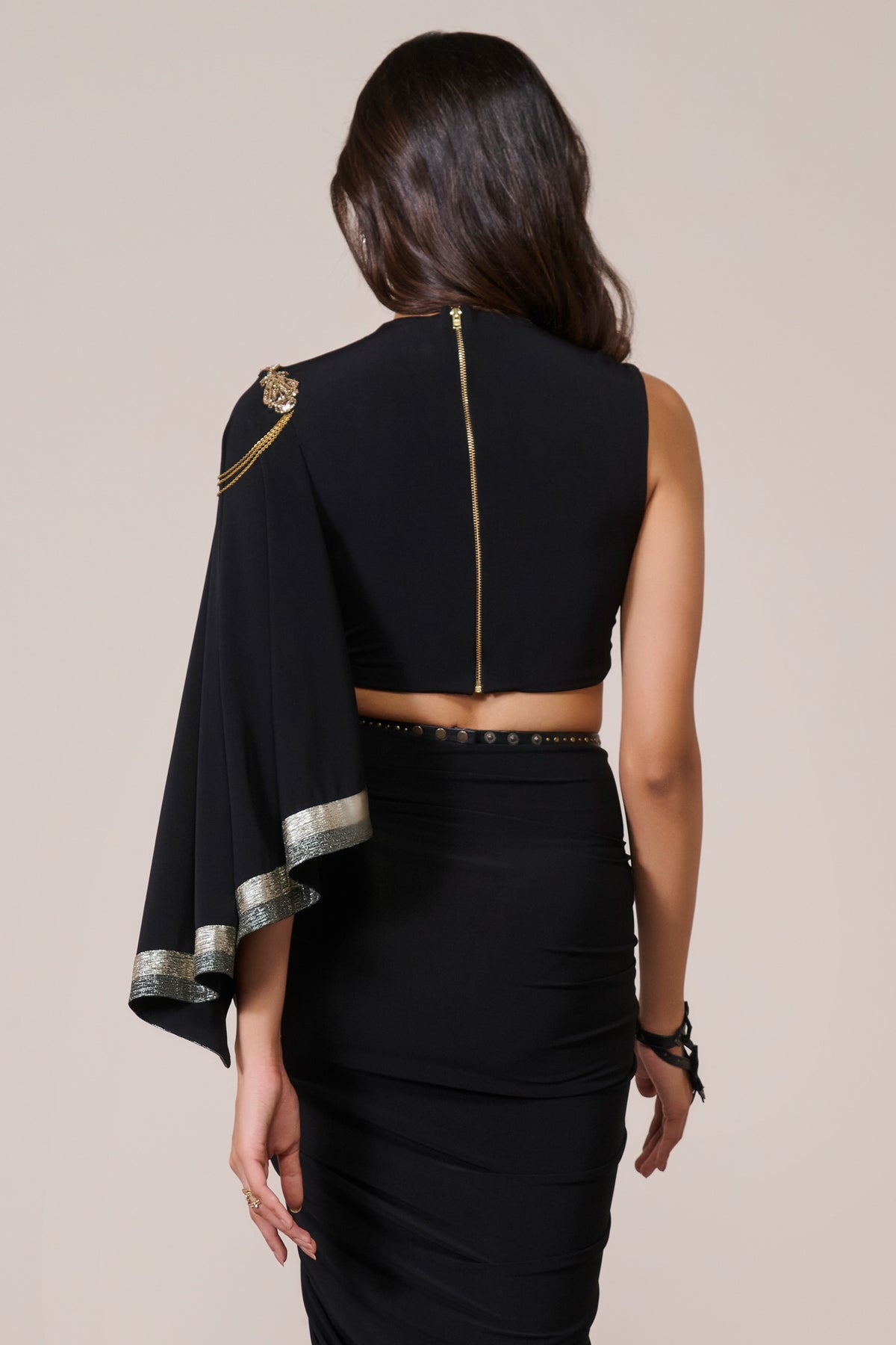Draped Sleeve Black Crop Top