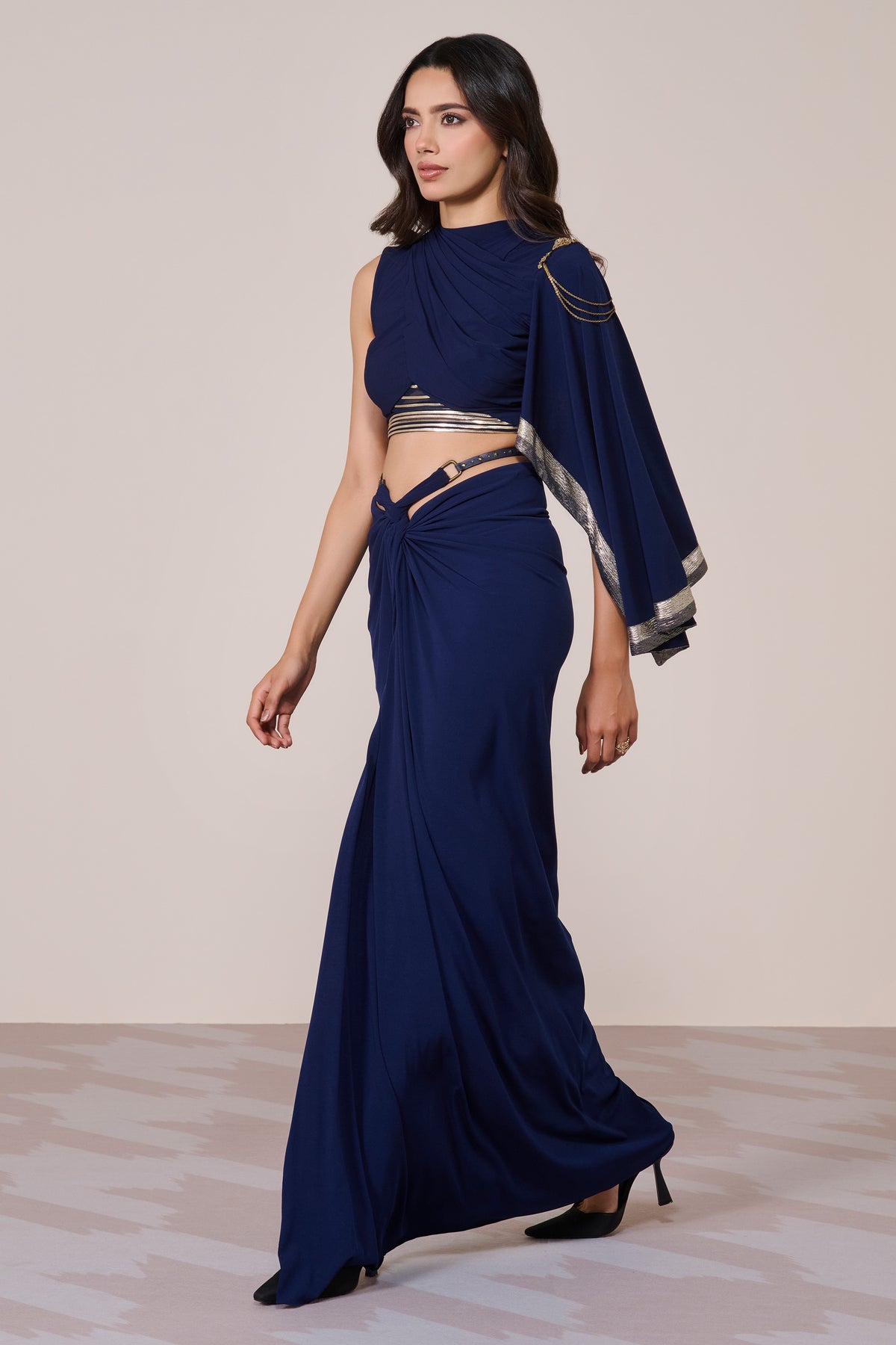 Draped Sleeve Navy Crop Top