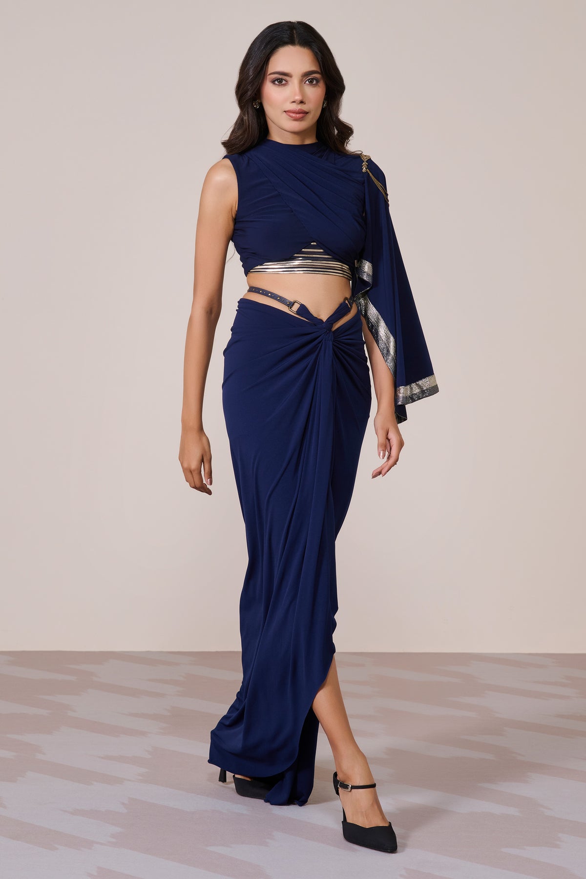 Draped Sleeve Navy Crop Top