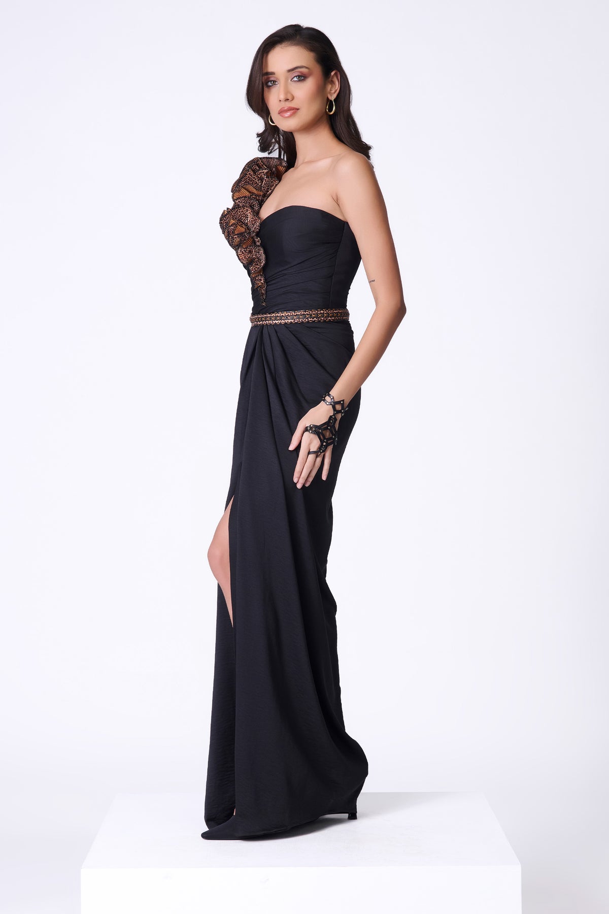 Black One-Shoulder Draped Gown