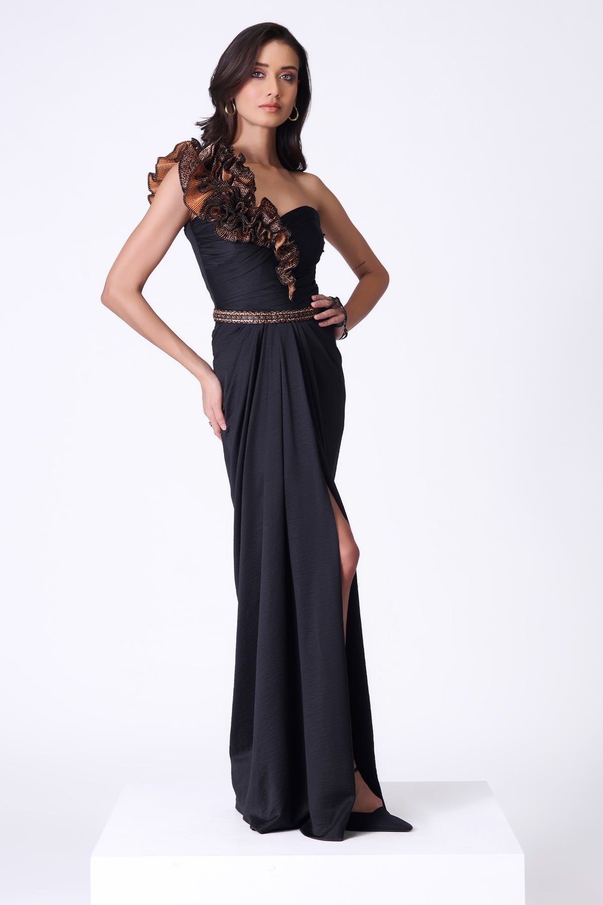 Black One-Shoulder Draped Gown