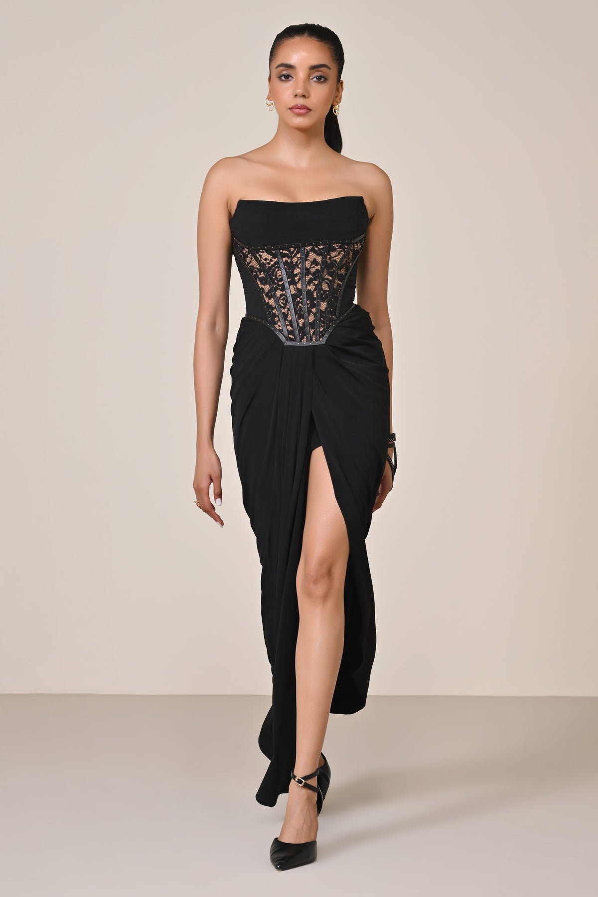 Black Faux Leather Corset Saree Dress